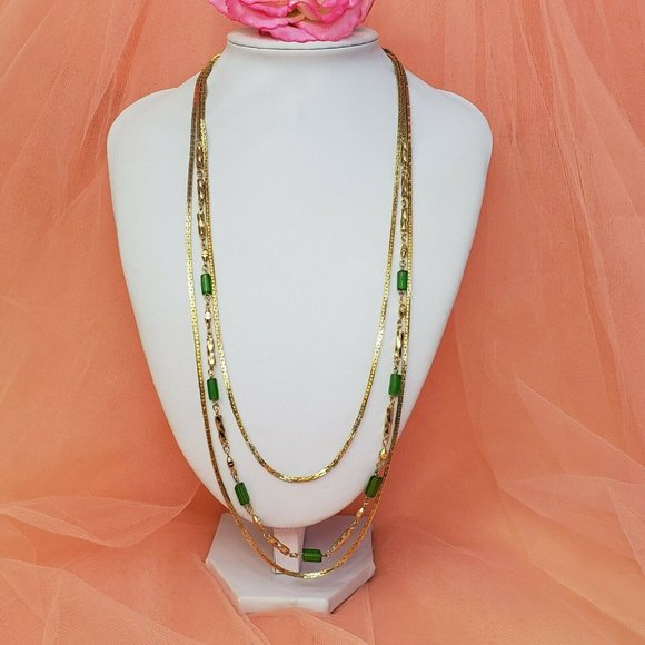 Vintage Gold Tone 3- Strand Chain Necklace 25" Statement Chain Green Glass Beads - Picture 10 of 12